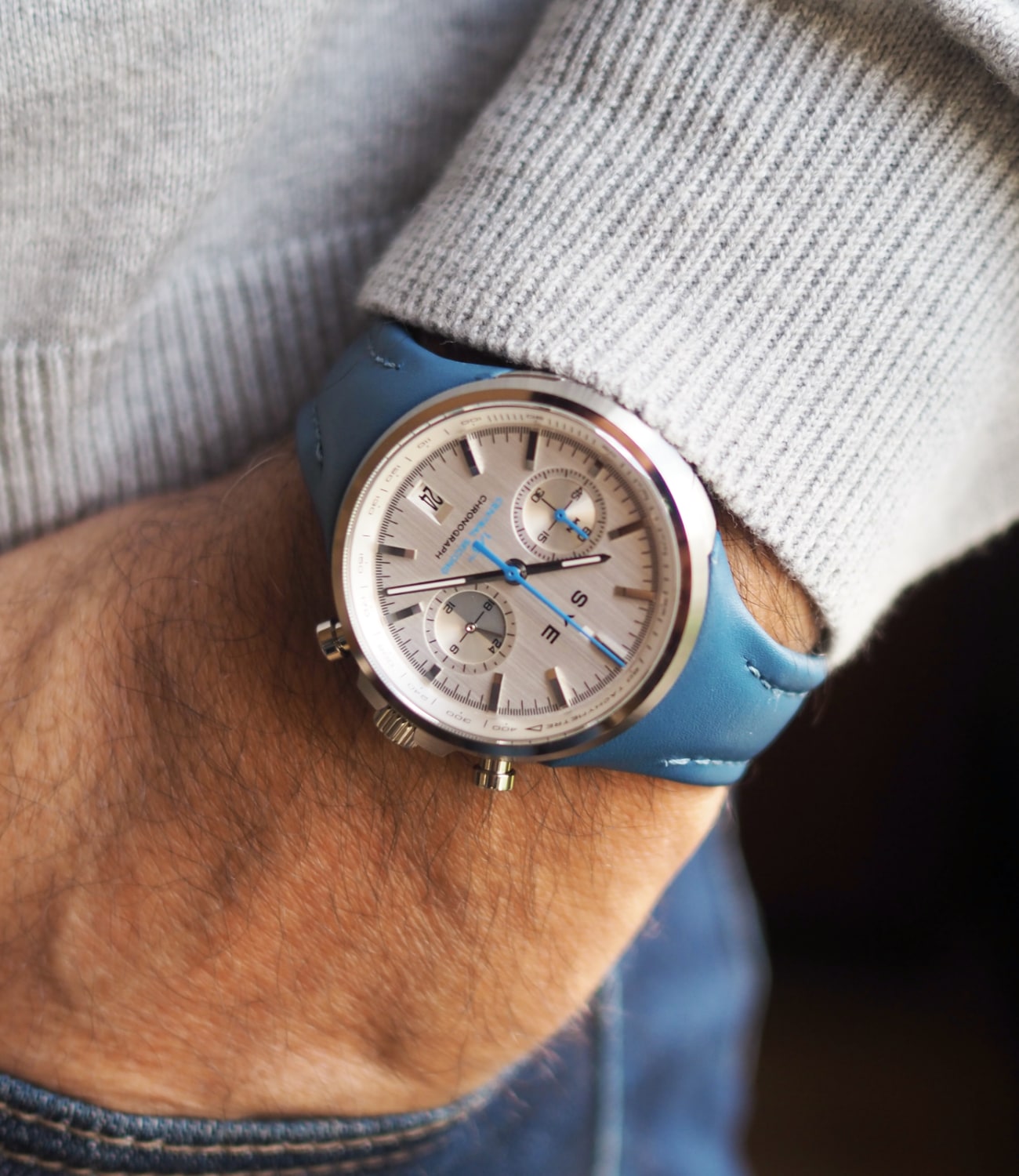 SYE watch chronograph silver strap blue